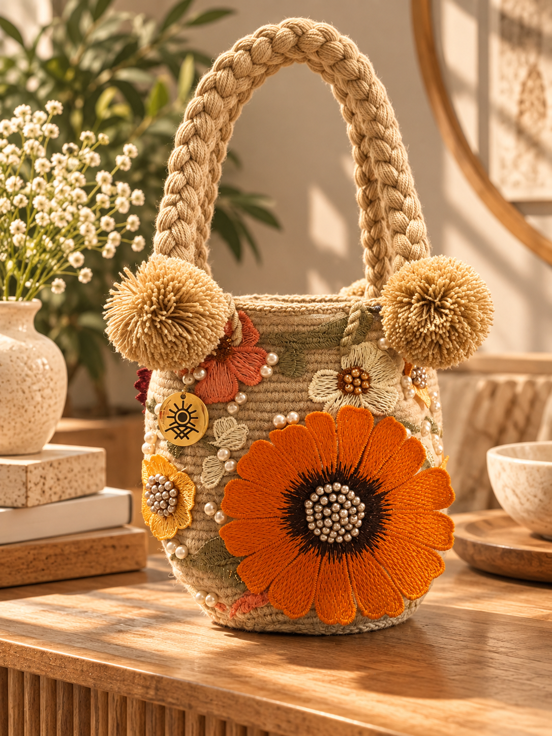 Flower Embroidered Bucket Bag Small Trenza