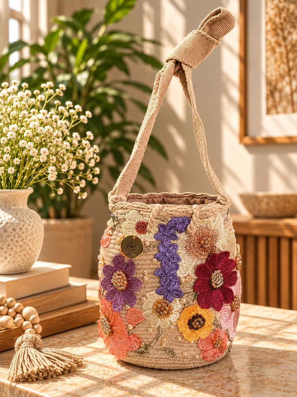 Flower Embroidered Bucket Bag Small