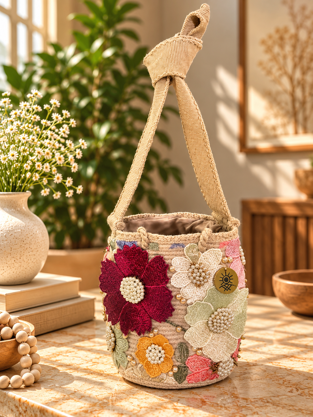 Flower Embroidered Bucket Bag Small