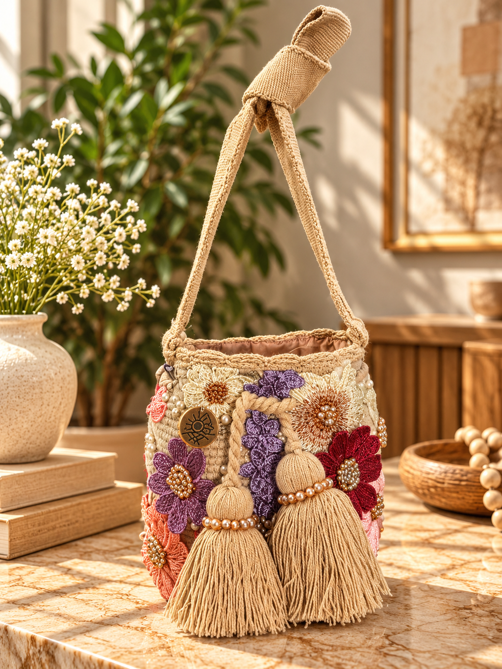 Flower Embroidered Bucket Bag Small