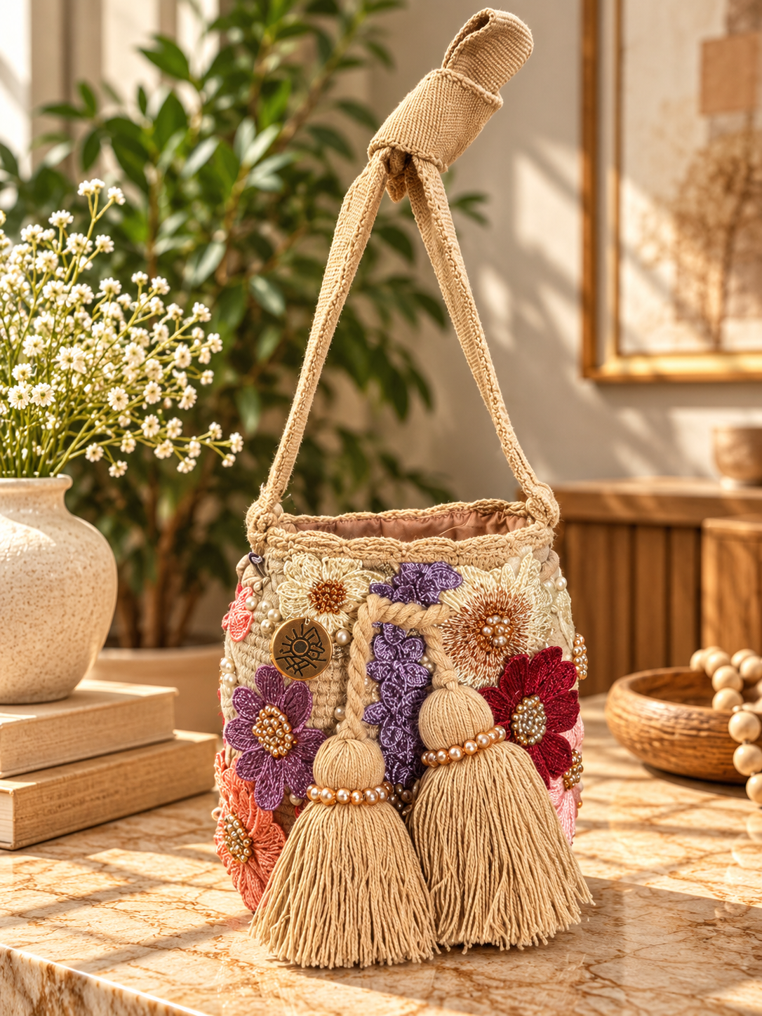 Flower Embroidered Bucket Bag Small