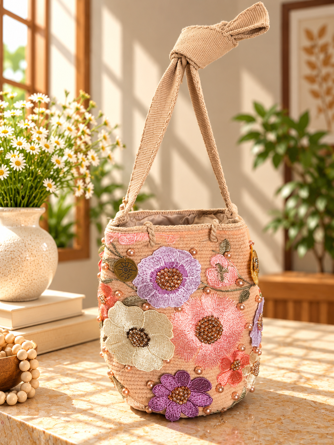 Flower Embroidered Bucket Bag Medium