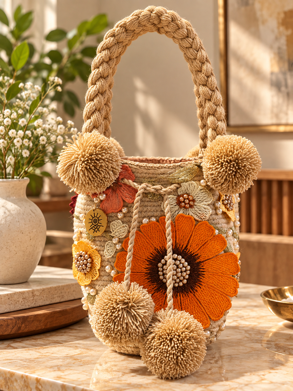 Flower Embroidered Bucket Bag Small Trenza