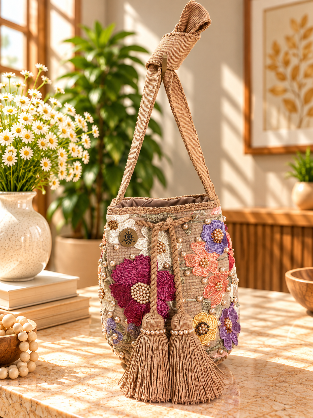 Flower Embroidered Bucket Bag Medium