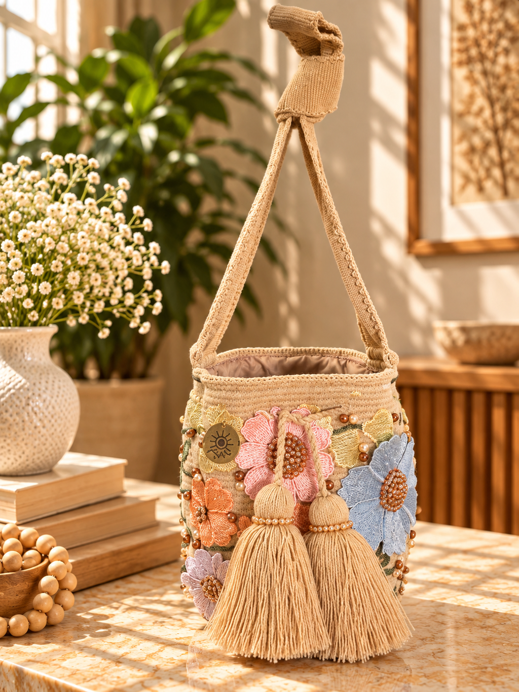 Flower Embroidered Bucket Bag Small