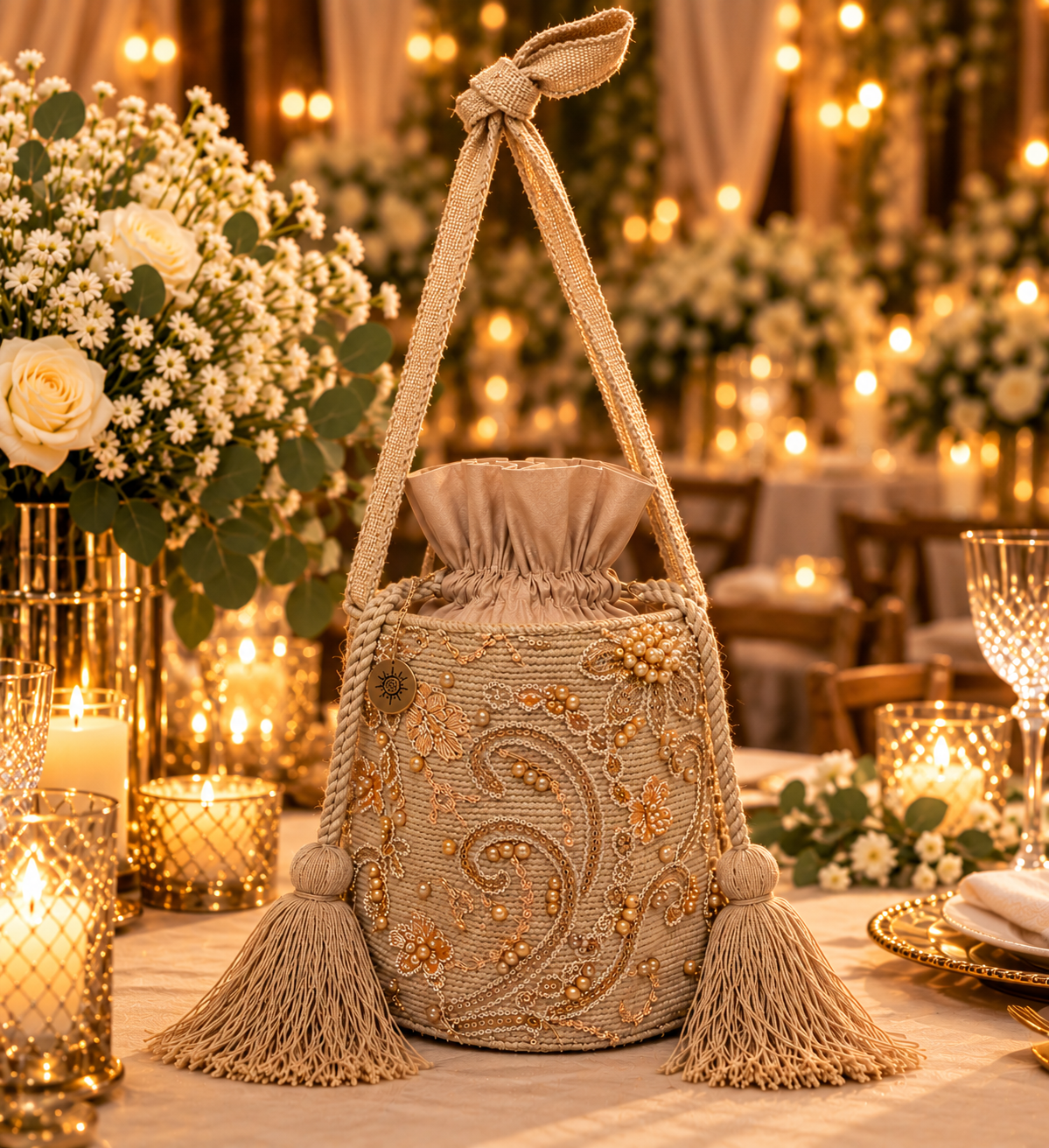 Unique Medium Gold Pearls Drawstring