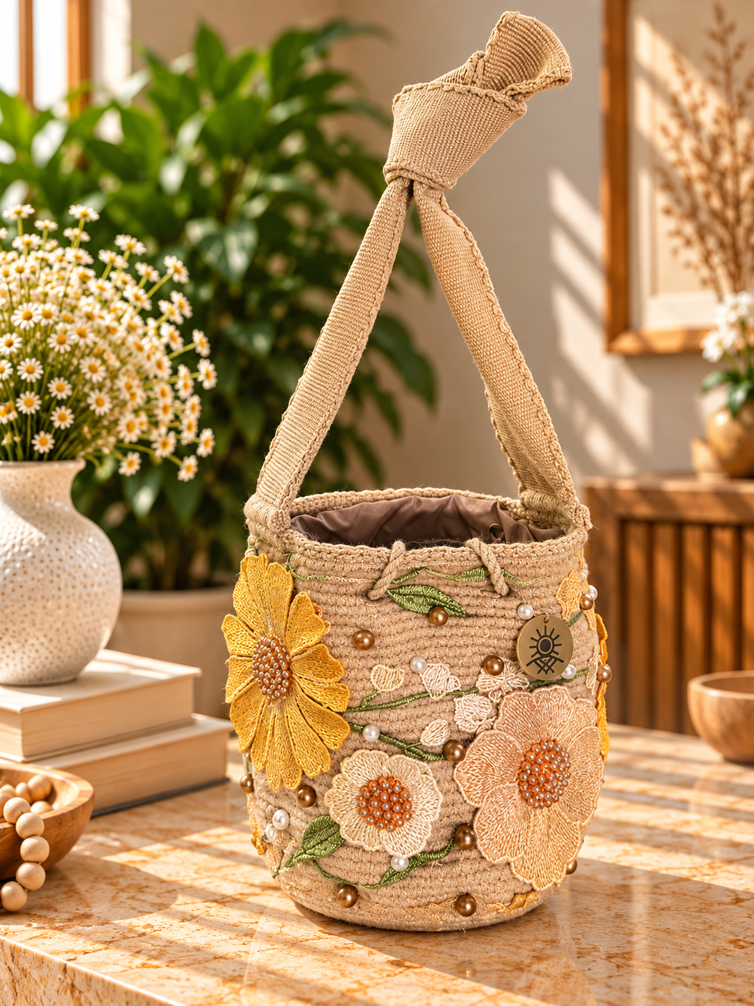 Flower Embroidered Bucket Bag Small