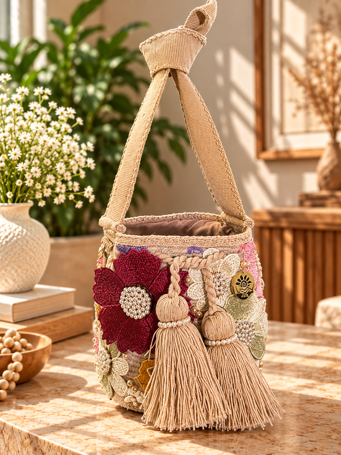 Flower Embroidered Bucket Bag Small
