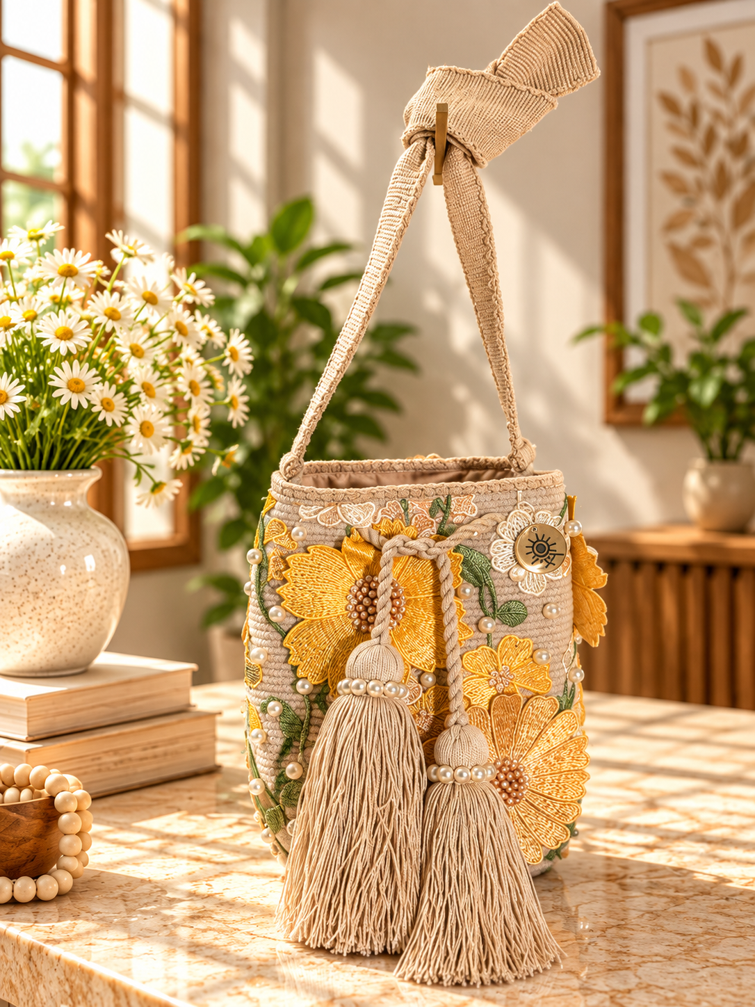 Flower Embroidered Bucket Bag Medium