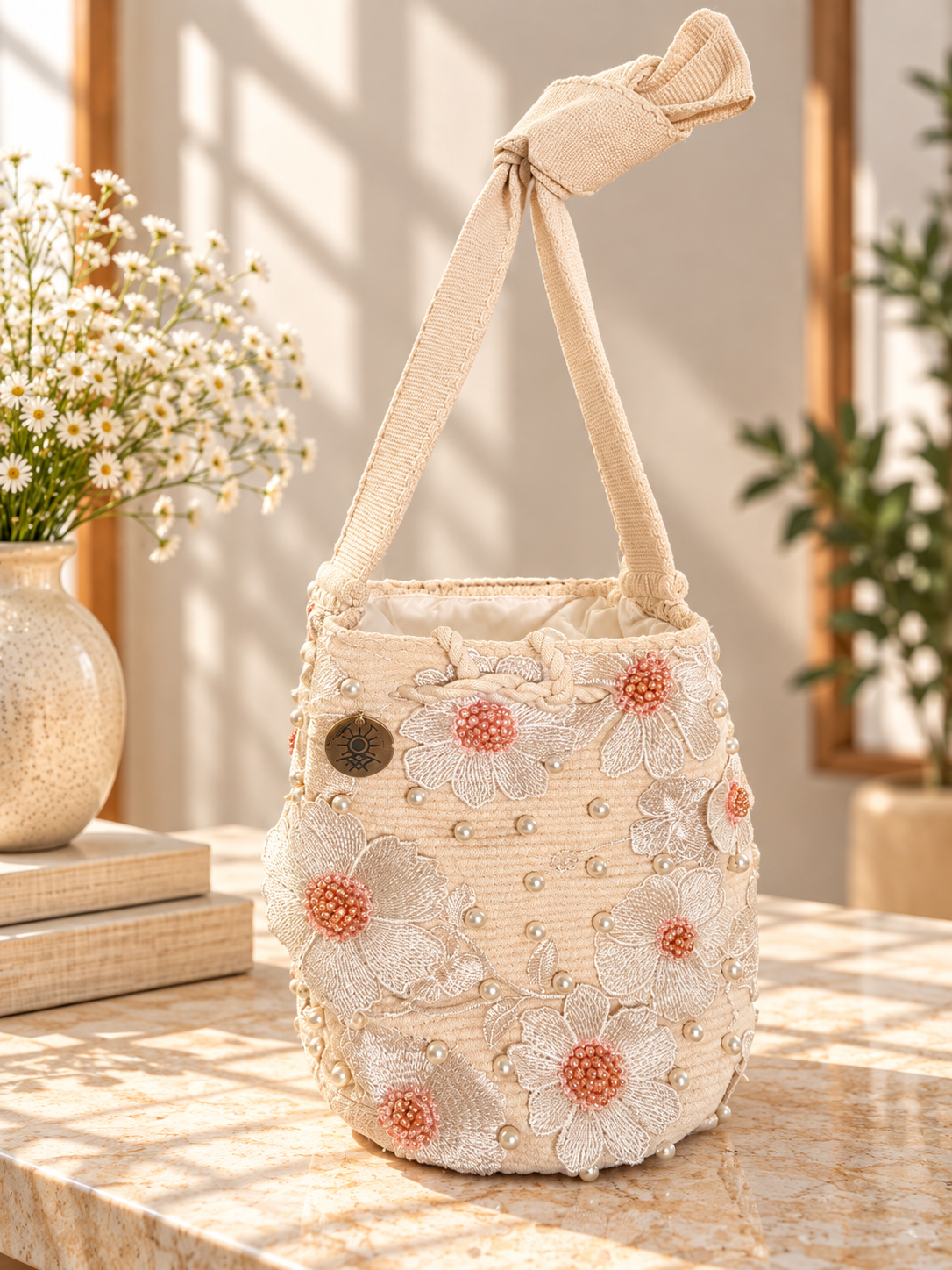 Flower Embroidered Bucket Bag Medium