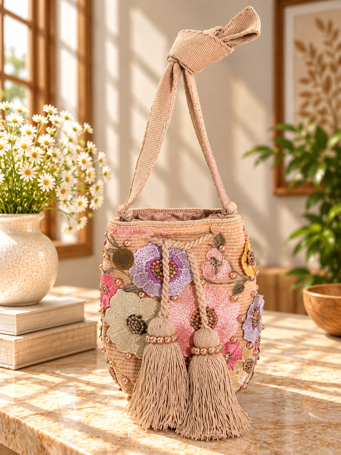 Flower Embroidered Bucket Bag Medium