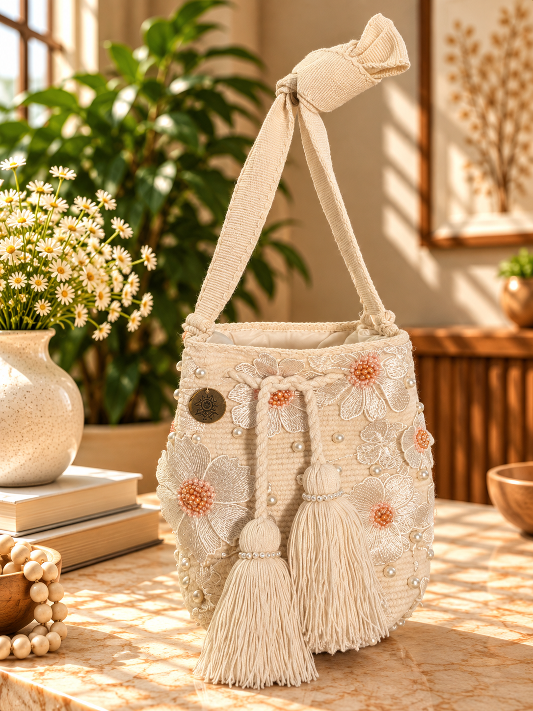Flower Embroidered Bucket Bag Medium