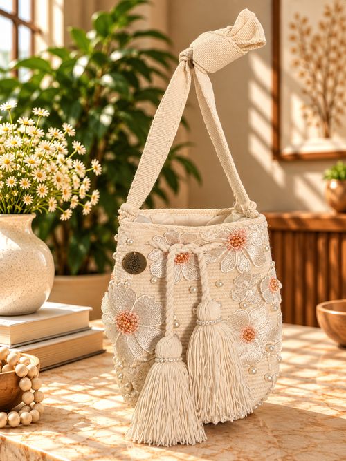 Flower Embroidered Bucket Bag Medium