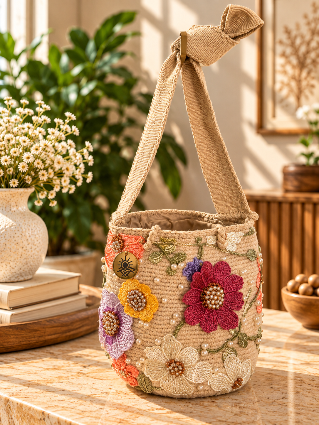 Flower Embroidered Bucket Bag Small