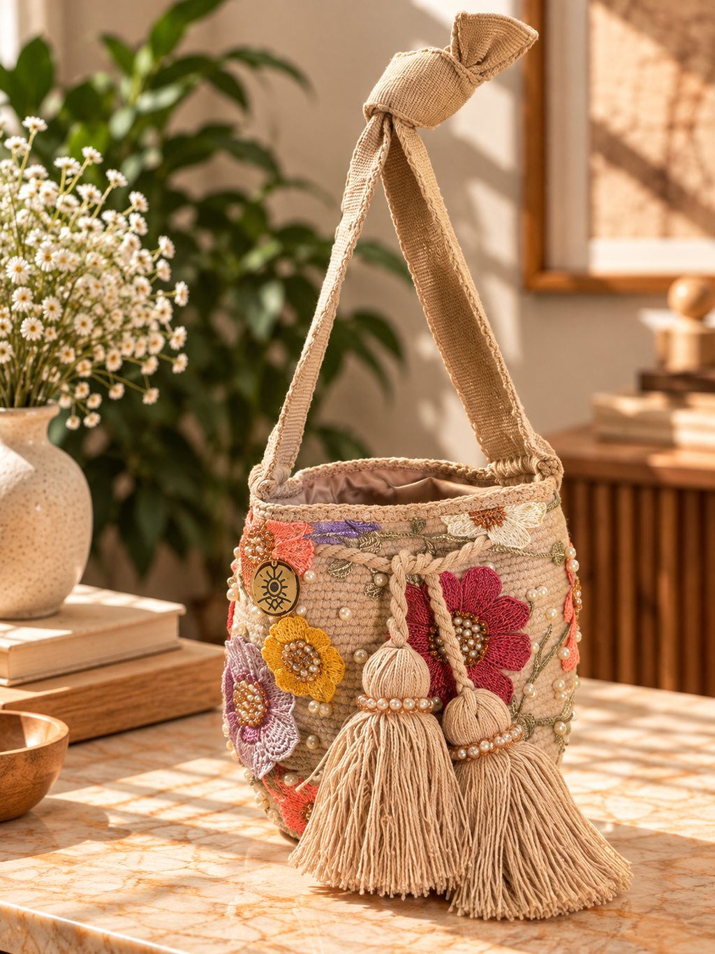Flower Embroidered Bucket Bag Small