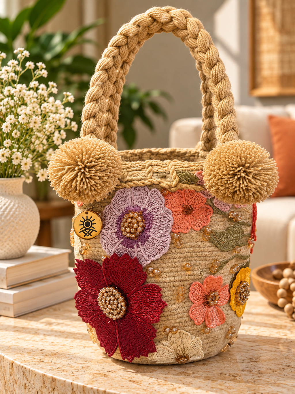 Flower Embroidered Bucket Bag Small Trenza