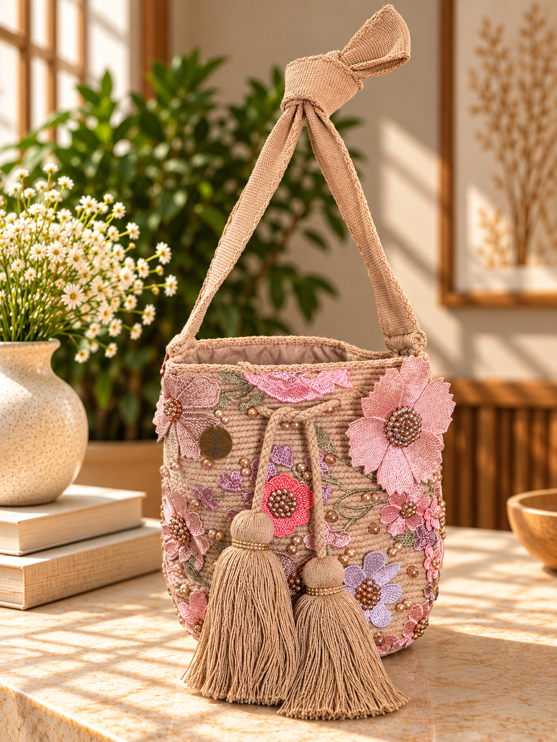 Flower Embroidered Bucket Bag Medium