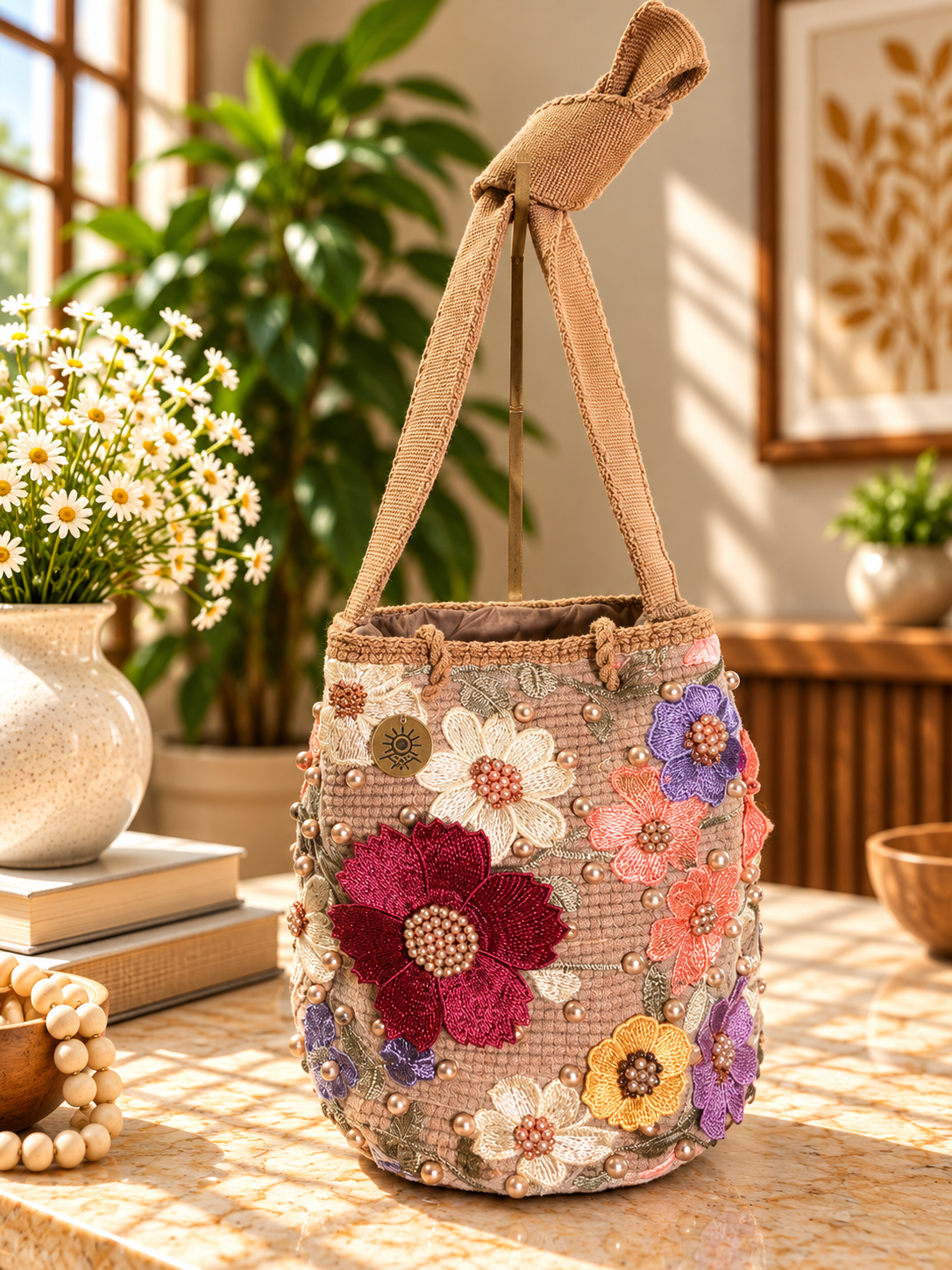 Flower Embroidered Bucket Bag Medium
