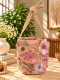 Flower Embroidered Bucket Bag Medium