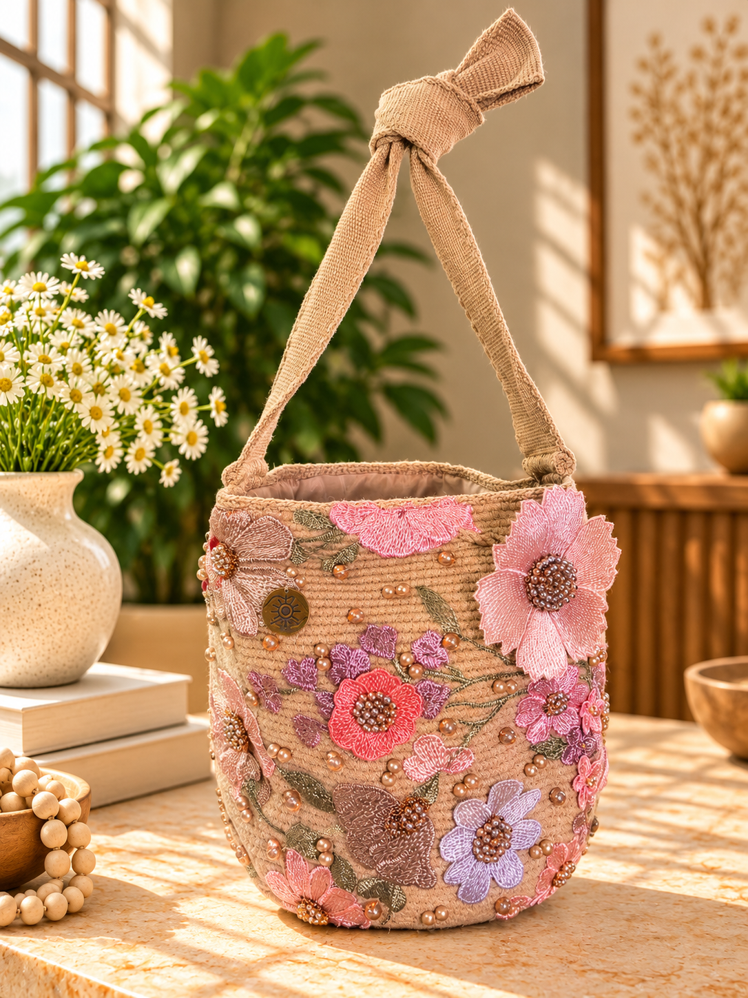 Flower Embroidered Bucket Bag Medium