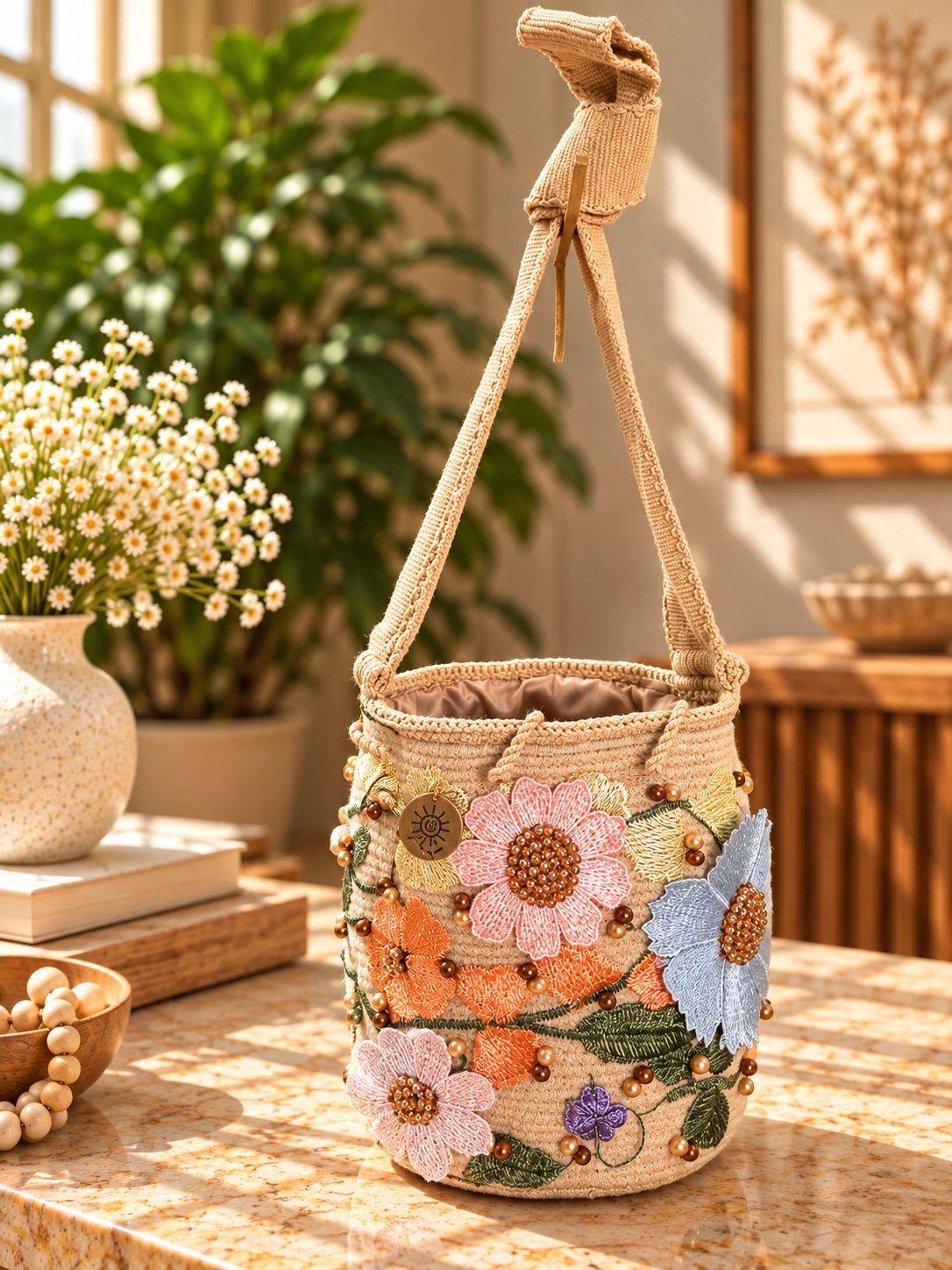 Flower Embroidered Bucket Bag Small