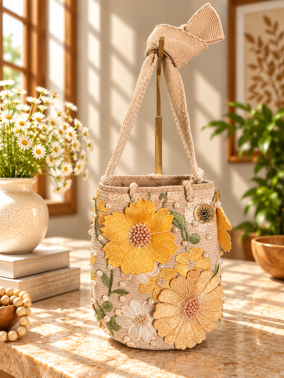 Flower Embroidered Bucket Bag Medium