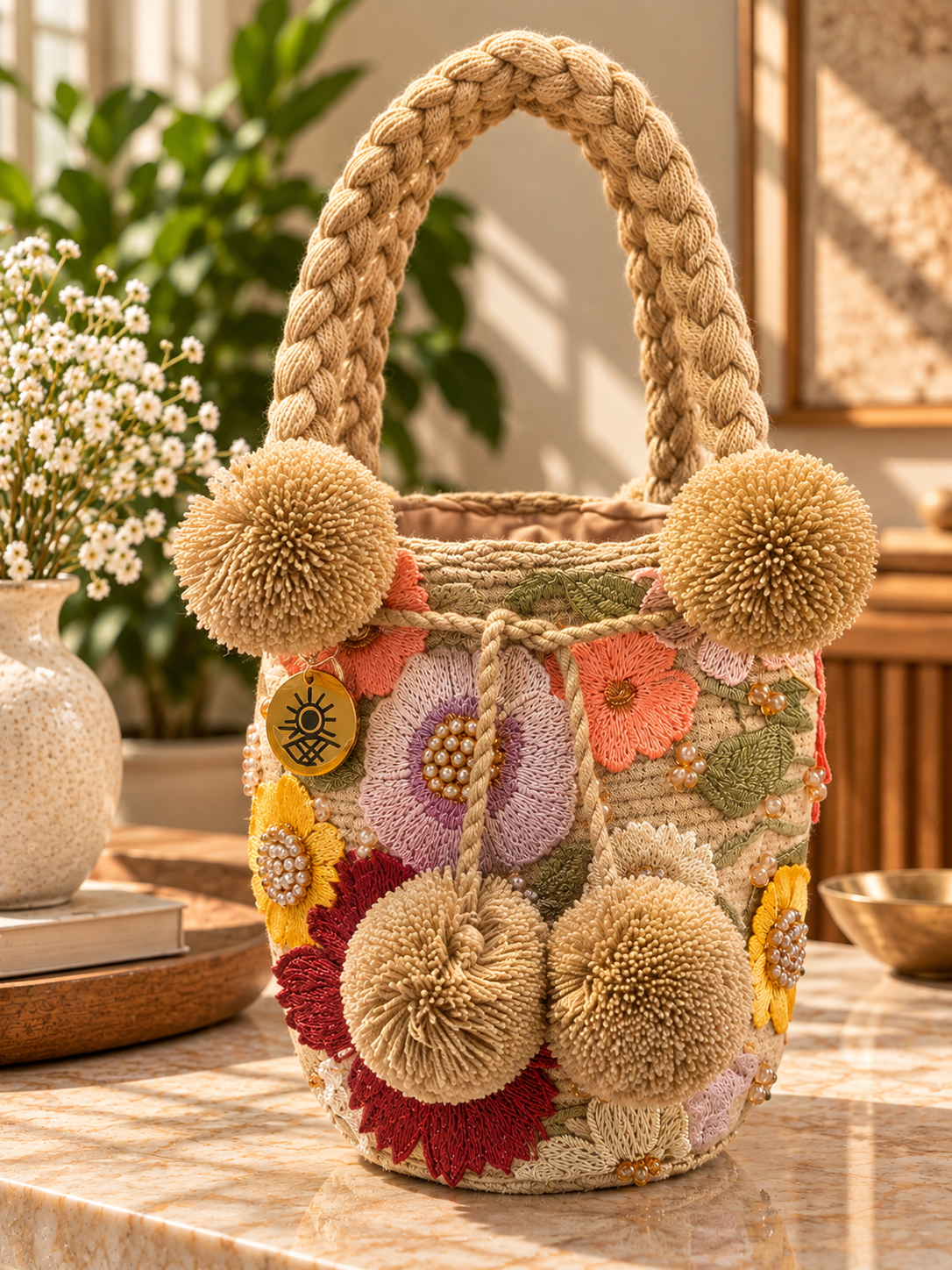 Flower Embroidered Bucket Bag Small Trenza
