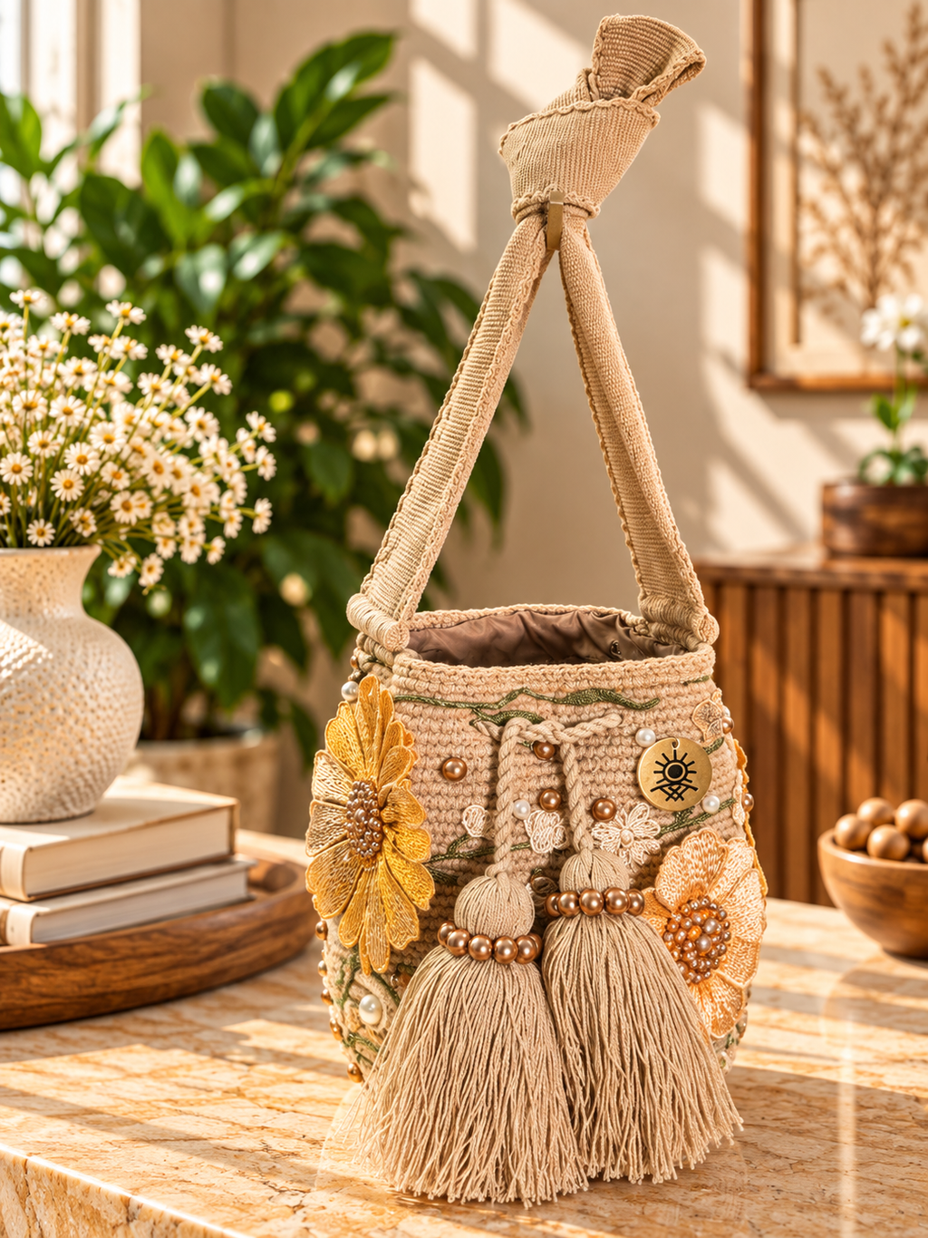 Flower Embroidered Bucket Bag Small